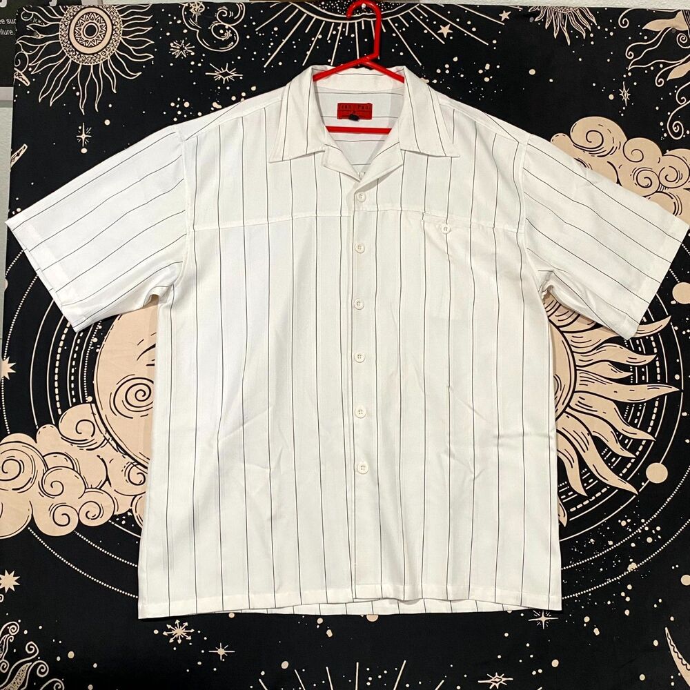 Jean Paul Gaultier Shirt Men's 2XL White Striped Polyester Button-Up Camp Summer
